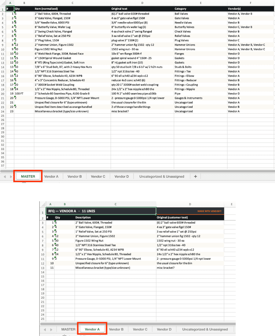 The exported spreadsheet with a master tab and per-vendor tabs