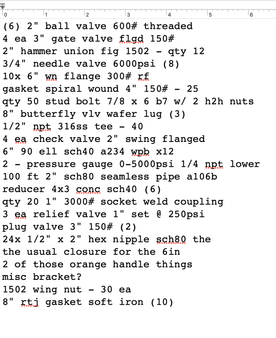A raw, unformatted parts list as received from a customer