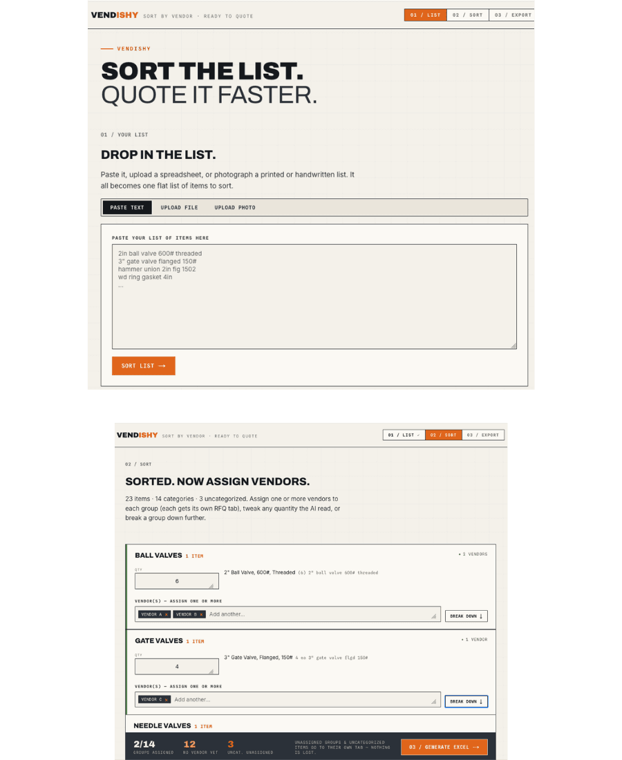 The Vendishy web app sorting a parts list and assigning vendors