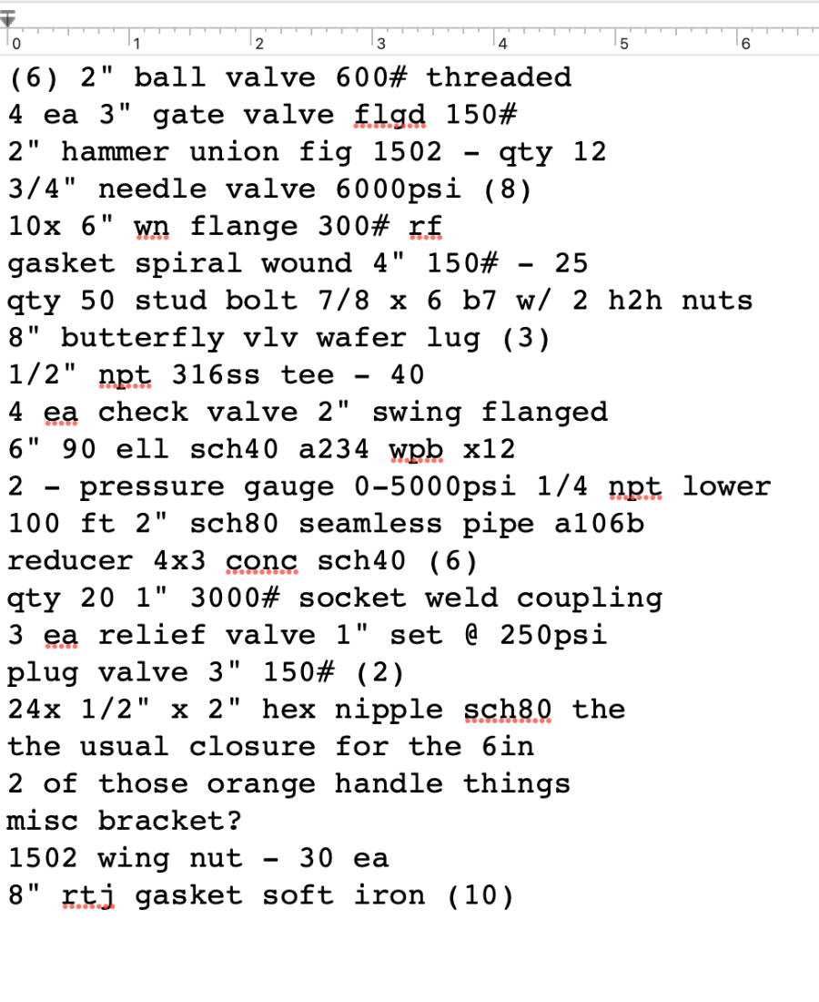 A raw, unformatted parts list as received from a customer