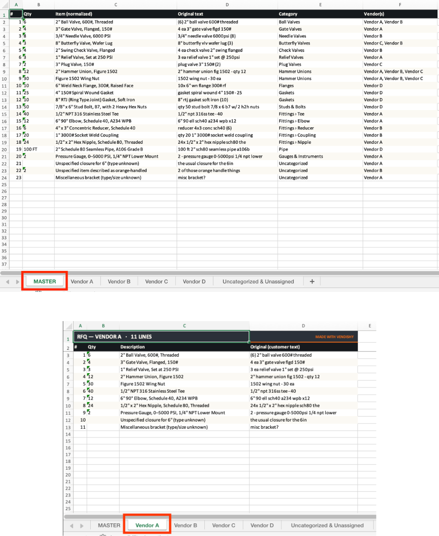 The exported spreadsheet with a master tab and per-vendor tabs